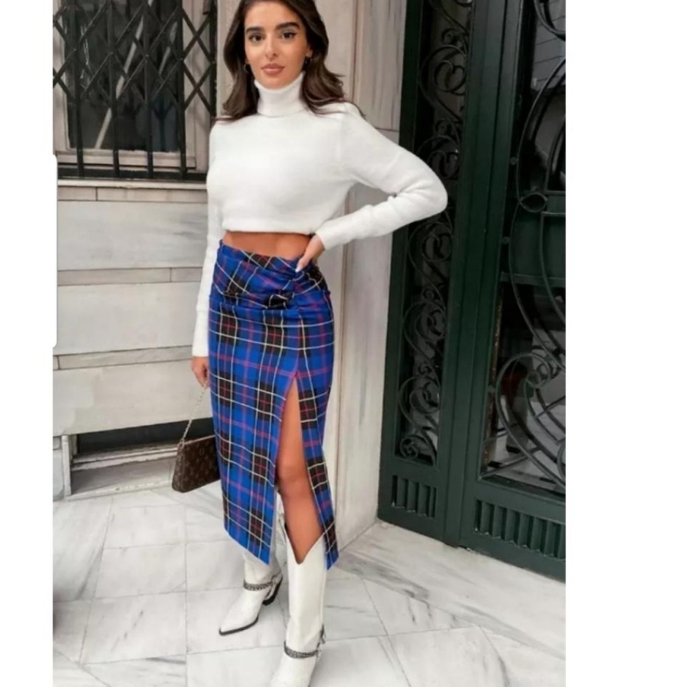 Zara Skirt Midi Women Medium Tartan Plaid Check Side Slit Ruched Blue Pencil Q